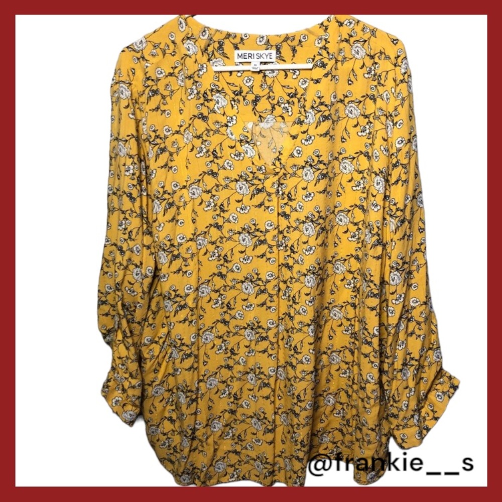 Meri Skye - Yellow and Blue Floral Top with Striped Gold Slivers